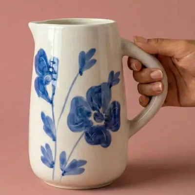 Carafes - Blue Blossom Ceramic Water Pitcher , 3.5x3.5x8 Inches - CASA AMAROSA