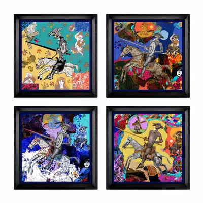 Decorative wall frescoes - Don Quixote's Dream White Framed Silk Scarves - UN POCO