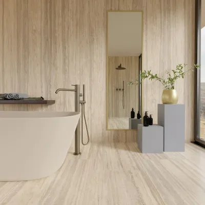 Indoor floor coverings - Matte Beige Travertine Marble Effect Porcelain Stoneware 60x60 - ENVA896 (Ceramishop.fr) - CERAMISHOP