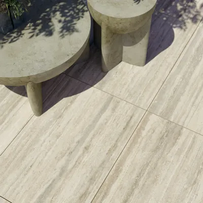 Outdoor floor coverings - Porcelain Stoneware Marble Effect Travertine Veined Ivory Anti-slip 60X120 - ENVC155 (Ceramishop.fr) - CERAMISHOP