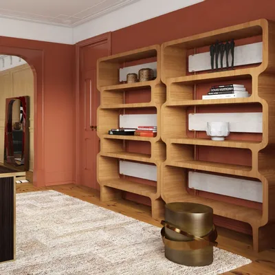 Bureaux d'entreprise - Copacabana Bibliothèque en Placage de Chêne Naturel et Détails en Laiton Brossé - DUISTT