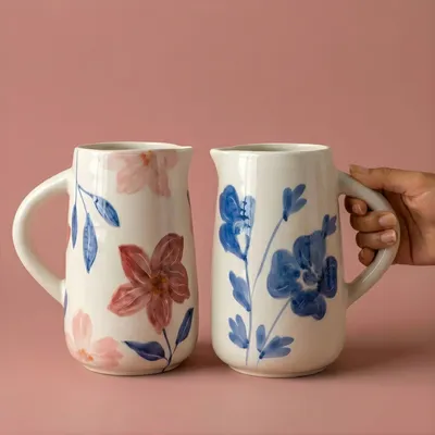 Carafes - Blue Blossom Ceramic Water Pitcher , 3.5x3.5x8 Inches - CASA AMAROSA