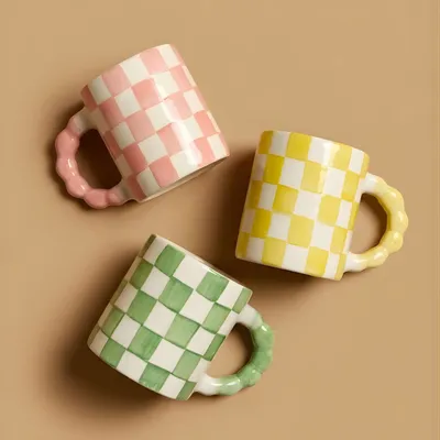 Mugs - Checkered Ceramic Mugs -- 3x3x3.5 Inches - CASA AMAROSA