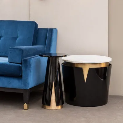 Coffee tables - Mini Moon High Side Table, round top, Black Lacquered Wood, Brass - DUISTT