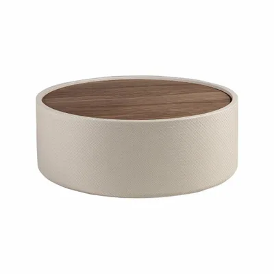 Coffee tables - Round coffee table in walnut and wood upholstered in sand-coloured leatherette - ANGEL CERDÁ