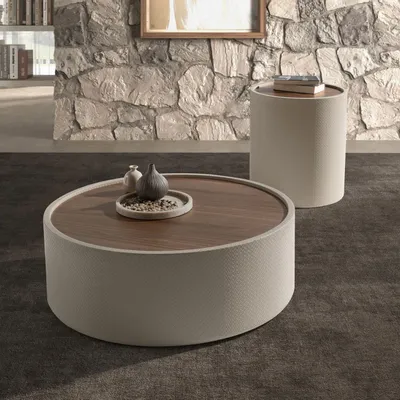 Coffee tables - Round coffee table in walnut and wood upholstered in sand-coloured leatherette - ANGEL CERDÁ