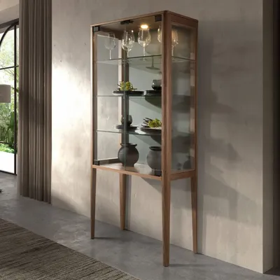 Sideboards - Tall sideboard in tempered glass and walnut with interior lighting - ANGEL CERDÁ