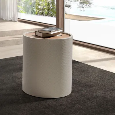 Tables basses - Table d’appoint ronde en noyer, noyer et bois rembourré en similicuir couleur sable - ANGEL CERDÁ