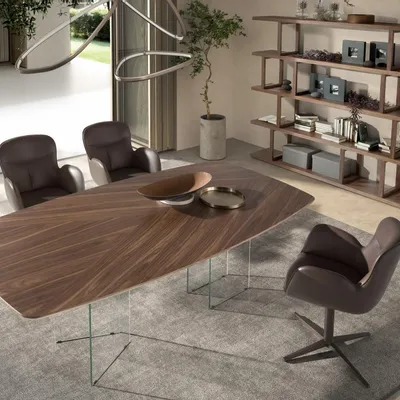 Dining Tables - Oval barrel dining table in walnut and tempered glass - ANGEL CERDÁ