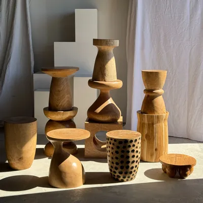 Coffee tables - Natural solid mango wood side table with conical base - OFFICE OBJETS