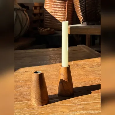 Bougeoirs et photophores  - Bougeoir circulaire conique en teck monoxyle H10 D6 - OFFICE OBJETS