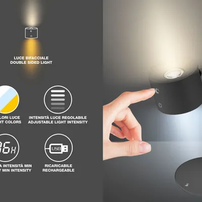 Lampes à poser - BEPER P201UTP304 Lampe Luminì à 3 fonctions, lampe avec clip et accessoire mural inclus, câble USB rechargeable inclus, tactile, noir - BEPER SRL