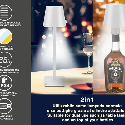 Lampes à poser - BEPER P201UTP119 Lampe de bureau sans fil 2en1, lampe de bureau tactile, 1,5W, adaptateur pour bouteille inclus, blanc - BEPER SRL