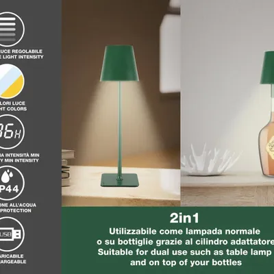 Table lamps - BEPER P201UTP115 2-in-1 Wireless Table Lamp, Touch Desk Lamp, 1.5W, Bottle adapter included, Emerald - BEPER SRL