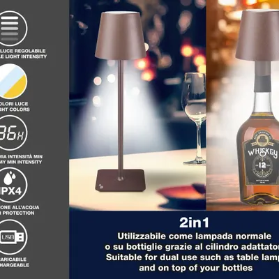 Lampes à poser - BEPER P201UTP120 2in1 Wireless Desk Lamp, Touch Desk Lamp, 1.5W, Adaptateur de bouteille inclus, Corten - BEPER SRL