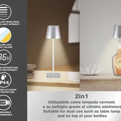 Lampes à poser - BEPER P201UTP117 2in1 Wireless Desk Lamp, Touch Desk Lamp, 1.5W, Adaptateur de bouteille inclus, Argent - BEPER SRL