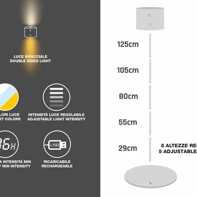 Lampes à poser - BEPER P201UTP305 Lumì lampe de sol et de table rechargeable, Hauteur réglable, Accessoire mural, Câble USB inclus, Tactile, Blanc - BEPER SRL