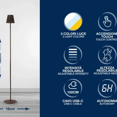 Lampes à poser - BEPER P201UTP403 Lampadaire réglable en hauteur, Lampe de bureau 2.3W, Câble USB type-C rechargeable, 3 nuances de lumière - BEPER SRL