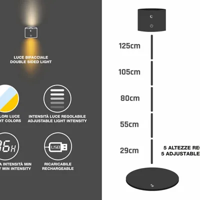 Lampes à poser - BEPER P201UTP306 Lampe rechargeable Lumì, Lampadaire et lampe de table, Hauteur réglable, Câble USB inclus, Tactile, Noir - BEPER SRL