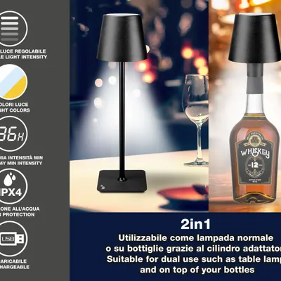 Lampes à poser - BEPER P201UTP118 2in1 Wireless Desk Lamp, Touch Desk Lamp, 1.5W, Adaptateur de bouteille inclus, Noir - BEPER SRL