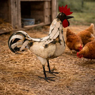 Accessoires de déco extérieure - Sculpture Métal Recyclé coq blanc plumage - TERRE SAUVAGE
