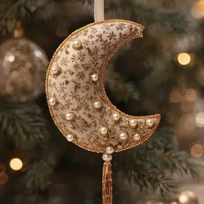 Christmas garlands and baubles - Sparkling handcrafted gold christmas crescent moon ornament - I WAS A SARI