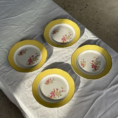 Everyday plates - Set of 4 small antique dessert plates with yellow rim D18 - OFFICE OBJETS