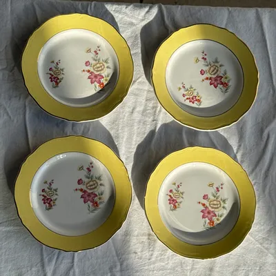 Everyday plates - Set of 4 small antique dessert plates with yellow rim D18 - OFFICE OBJETS