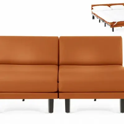Armchairs - French 2-Seater Sofa Bed ROLLER DUO 140 SMALL without armrests : Colour - LEATHER - Orange 0837 - LIKOOLIS