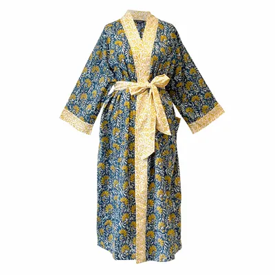 Vêtements de nuit - Kimono long en coton - Jaipur bleu et jaune - LIME TREE DESIGN