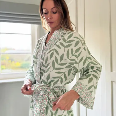 Vêtements de nuit - Kimono long en coton - Grande feuille verte - LIME TREE DESIGN