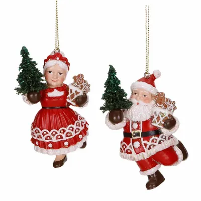 Autres décorations de Noël - SANTA/MRS CLAUS W/TREE ORN ASS/2 RD/WH/GRN 9CM - GOODWILL M&G