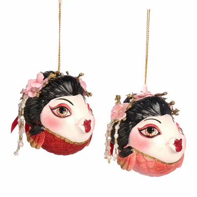 Other Christmas decorations - PAGODA GEISHA PUFFER FISH ORN ASS/2 RD/BLK 9CM - GOODWILL M&G
