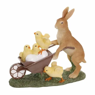 Objets de décoration - BUNNY HARE W/CHICKS IN CART TT YL/BRWN 33CM - GOODWILL M&G