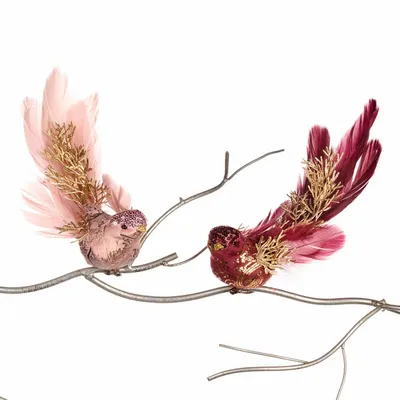 Other Christmas decorations - PLUME FABR.TWIG BIRD ON CLIP ASS/2 PNK/BURG 23CM - GOODWILL M&G