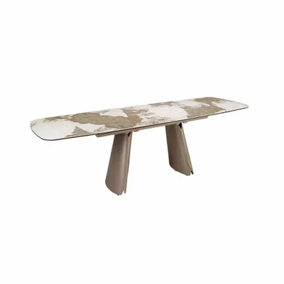Dining Tables - Extendable barrel-shaped oval dining table in porcelain marble and metallic taupe steel - ANGEL CERDÁ