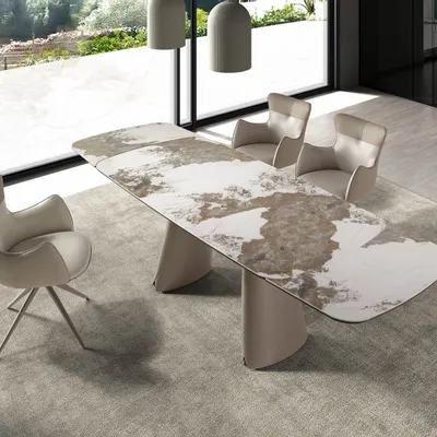 Dining Tables - Extendable barrel-shaped oval dining table in porcelain marble and metallic taupe steel - ANGEL CERDÁ