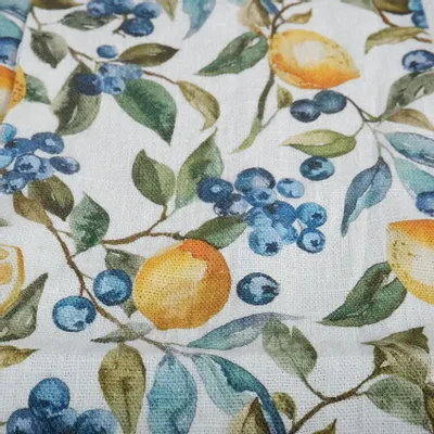 Table linen - Round Tablecloth with Floral Print – 100% Linen - Lemon & Blueberry - NORRAVILLA
