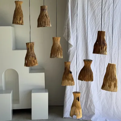 Abat-jours - Suspension ou abat-jour en teck naturel organique ajouré tubulaire H30 - OFFICE OBJETS