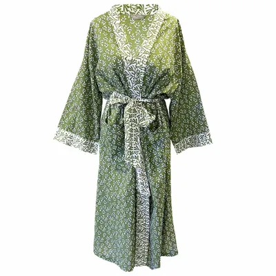 Sleepwear - Long Cotton Kimono - Falling Leaf Green - LIME TREE DESIGN