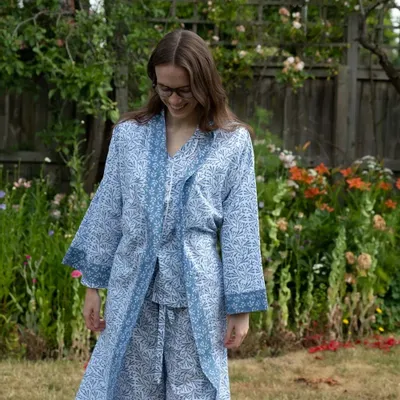 Sleepwear - Long Cotton Kimono - Blue Bud - LIME TREE DESIGN