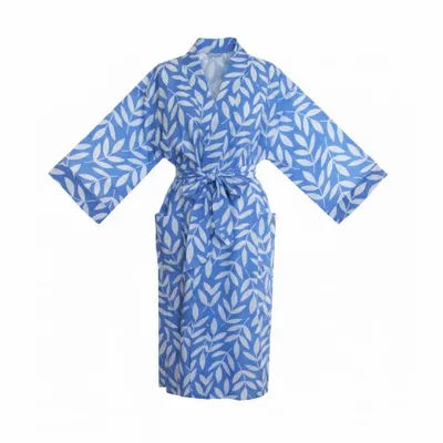 Sleepwear - Long Cotton Kimono - Large Leaf Blue - LIME TREE DESIGN