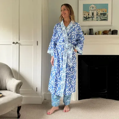 Sleepwear - Long Cotton Kimono - Large Leaf Blue - LIME TREE DESIGN