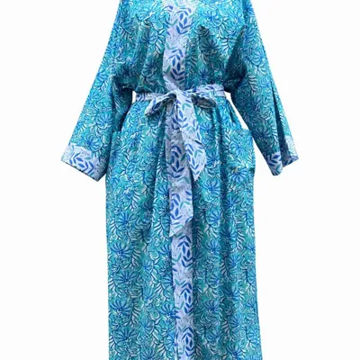 Sleepwear - Long Cotton Kimono - Jaipur Turquoise - LIME TREE DESIGN