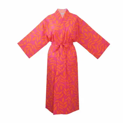 Sleepwear - Long Cotton Kimono - Large Leaf Magenta - LIME TREE DESIGN