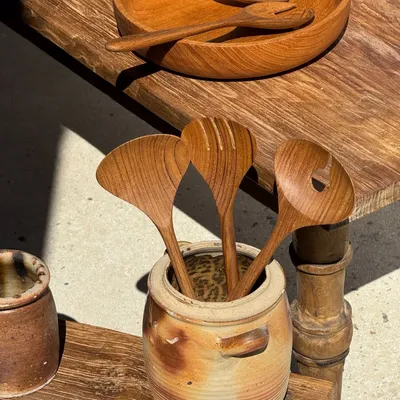 Cutlery set - Salad cutlery or large teak spoon in elongated oval shape - OFFICE OBJETS