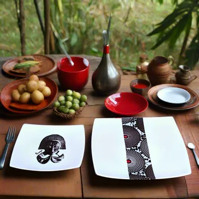 Gifts - Limited Edition: Set of 12 Customizable Square Porcelain Plates – African Masks & Black Gramophone Ethnic Patterns - KEMI HOME ART