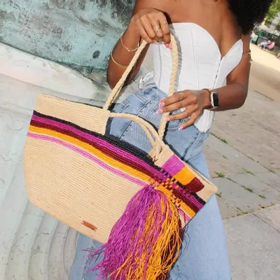 Sacs et cabas - Sac raphia à franges et pochette amovible ROSA - KLEO