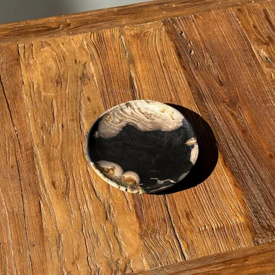 Pièces uniques - Petit vide poche ou plat en bois pétrifié noir et beige D20,5 -3317 - OFFICE OBJETS