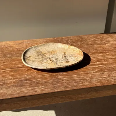 Platter and bowls - Small empty pouch or dish in beige petrified wood oval with crystal ri - OFFICE OBJETS